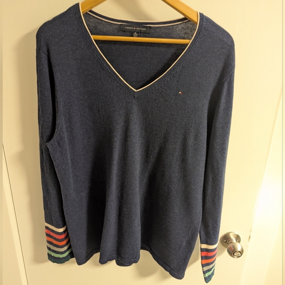 Tommy Hilfiger Blue V-Neck Sweater with Striped Cuffs